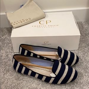 SOLD Charles Philip Navy striped flats 8